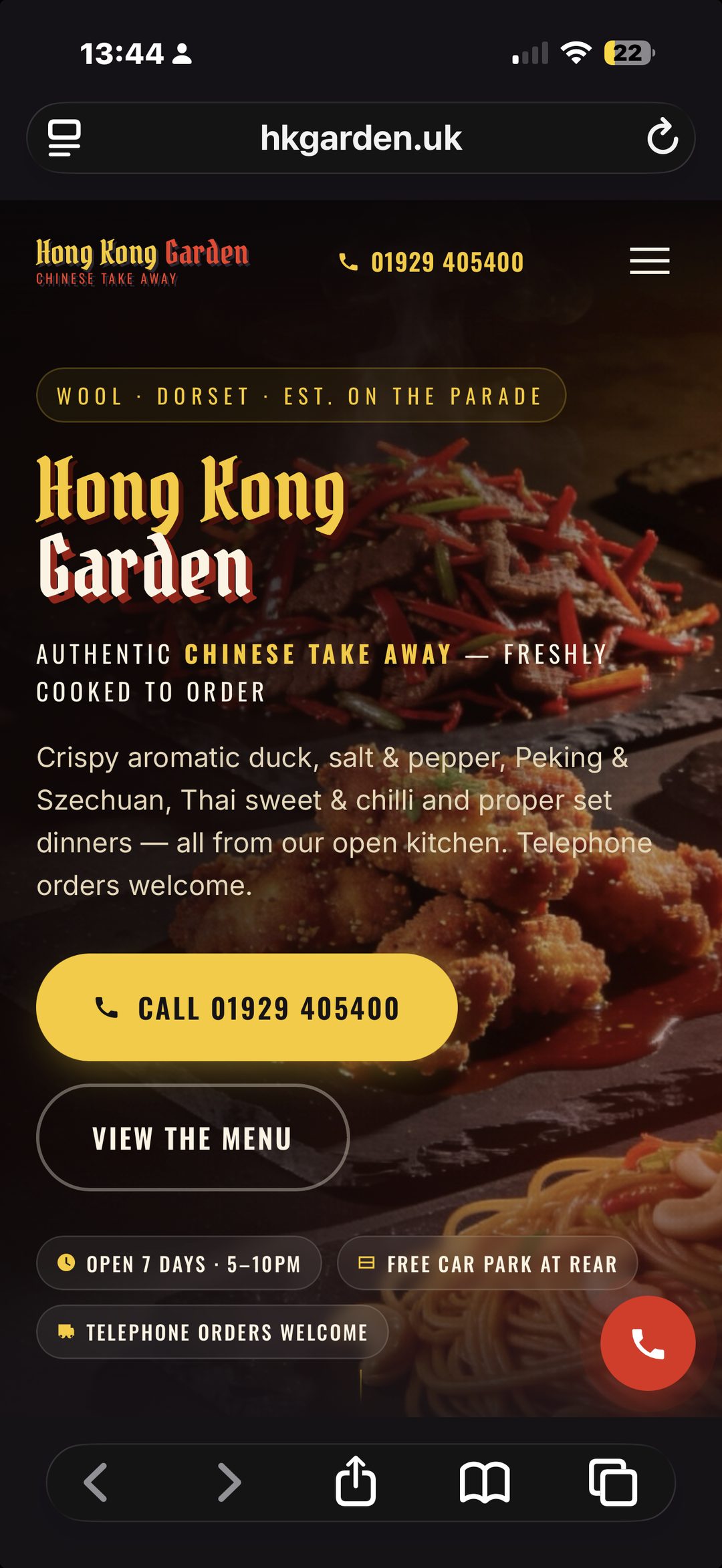 Hong Kong Garden takeaway website on mobile